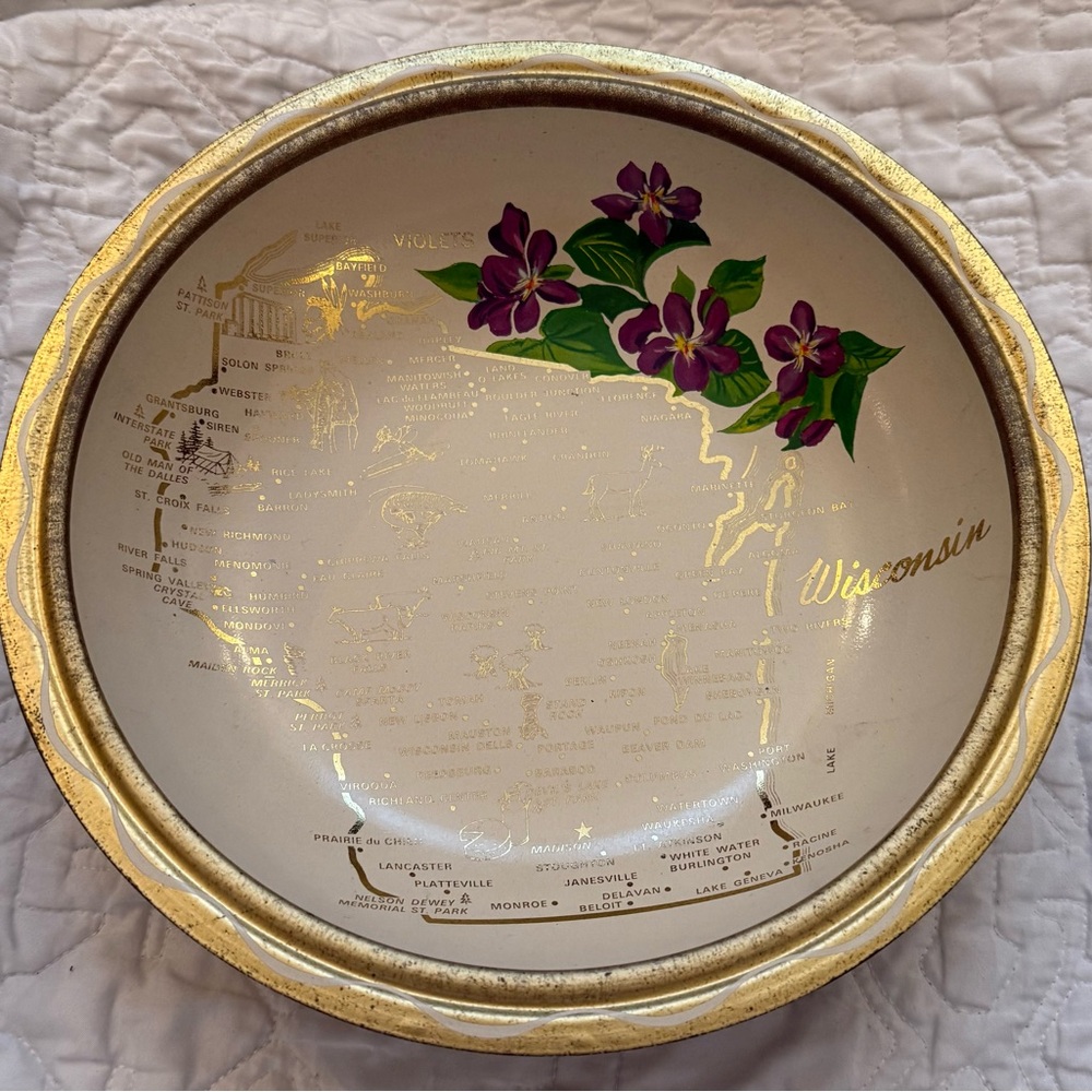 Vintage Wisconsin Souvenir Decorative Plate with Purple Flowers
